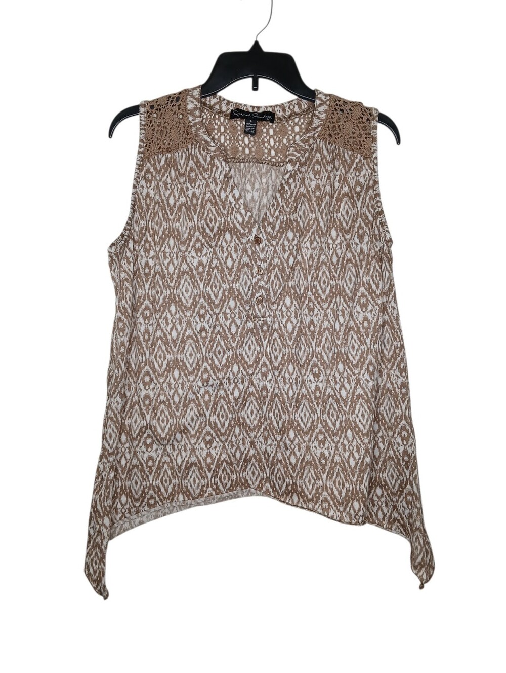 French Laundry Brown Patterned Sleeveless Crochet Yoke Top